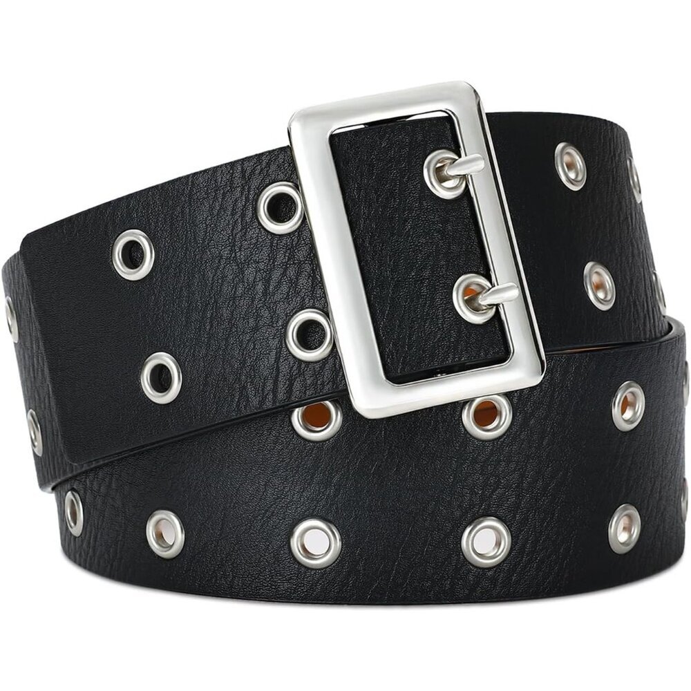 Women Leather Wide Belts Fashion Thick Black Punk Belt With Gold Buckle Belt